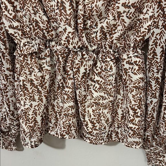 &Merci Elegant‎ Brown Leaf Print V-Neck Peplum Blouse Long Sleeve Romantic Top - Picture 4 of 8